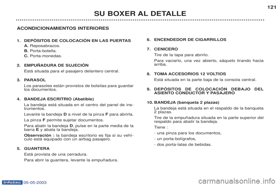 PEUGEOT BOXER 2003 Manual del propietario (in Spanish) 05-05-2003
SU BOXER AL DETALLE121
ACONDICIONAMIENTOS INTERIORES
1. DEPîSITOS DE COLOCACIîN EN LAS PUERTAS A. Reposabrazos.
B. Porta-botella.
C. Porta-monedas.
2. EMPU„ADURA DE SUJECIîN Est‡ PEUGEOT BOXER 2003 Manual del propietario (in Spanish) 05-05-2003
SU BOXER AL DETALLE121
ACONDICIONAMIENTOS INTERIORES
1. DEPîSITOS DE COLOCACIîN EN LAS PUERTAS A. Reposabrazos.
B. Porta-botella.
C. Porta-monedas.
2. EMPU„ADURA DE SUJECIîN Est‡