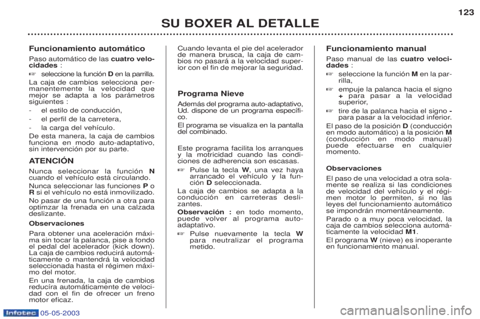 PEUGEOT BOXER 2003 Manual del propietario (in Spanish) 05-05-2003
Funcionamiento autom‡tico Paso autom‡tico de las cuatro velo-
cidades :
☞ seleccione la funci—n Den la parrilla.
La caja de cambios selecciona per- manentemente la velocidad queme PEUGEOT BOXER 2003 Manual del propietario (in Spanish) 05-05-2003
Funcionamiento autom‡tico Paso autom‡tico de las cuatro velo-
cidades :
☞ seleccione la funci—n Den la parrilla.
La caja de cambios selecciona per- manentemente la velocidad queme