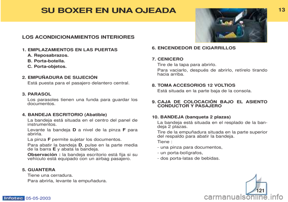 PEUGEOT BOXER 2003 Manual del propietario (in Spanish) 05-05-2003
LOS ACONDICIONAMIENTOS INTERIORES
1. EMPLAZAMIENTOS EN LAS PUERTASA. Reposabrazos. B. Porta-botella.C. Porta-objetos.
2. EMPU„ADURA DE SUJECIîN Est‡ puesta para el pasajero delantero PEUGEOT BOXER 2003 Manual del propietario (in Spanish) 05-05-2003
LOS ACONDICIONAMIENTOS INTERIORES
1. EMPLAZAMIENTOS EN LAS PUERTASA. Reposabrazos. B. Porta-botella.C. Porta-objetos.
2. EMPU„ADURA DE SUJECIîN Est‡ puesta para el pasajero delantero