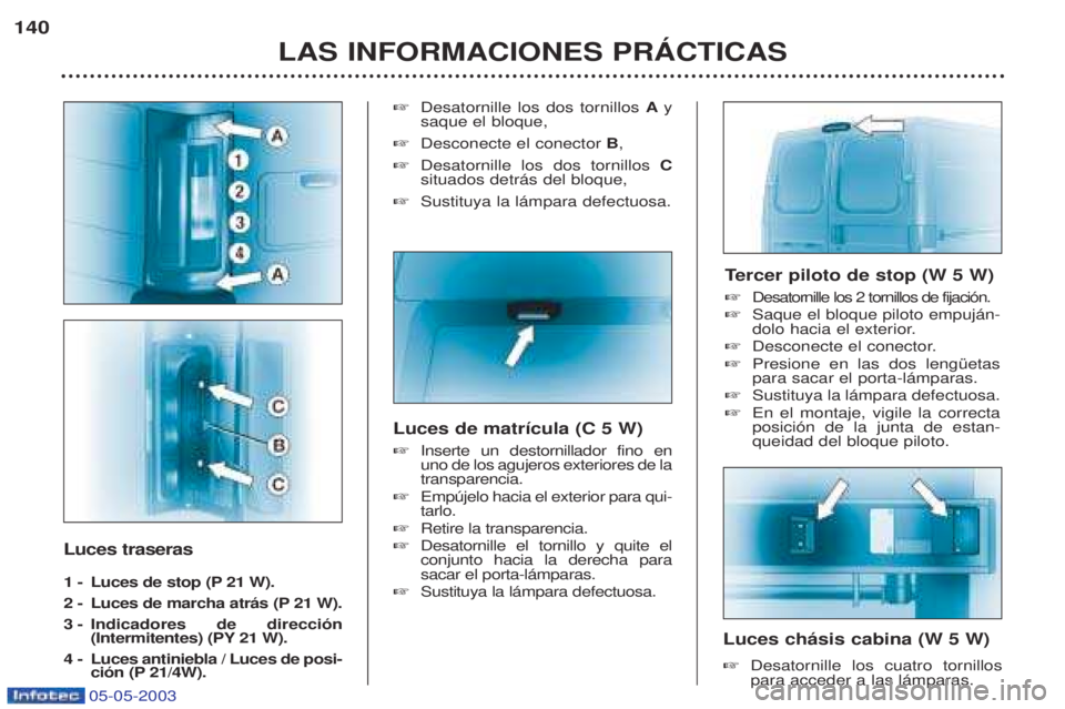 PEUGEOT BOXER 2003 Manual del propietario (in Spanish) 05-05-2003
Luces traseras
1 - Luces de stop (P 21 W).
2 - Luces de marcha atr‡s (P 21 W).
3 -Indicadores de direcci—n
(Intermitentes) (PY 21 W).
4 - Luces antiniebla / Luces de posi- ci—n ( PEUGEOT BOXER 2003 Manual del propietario (in Spanish) 05-05-2003
Luces traseras
1 - Luces de stop (P 21 W).
2 - Luces de marcha atr‡s (P 21 W).
3 -Indicadores de direcci—n
(Intermitentes) (PY 21 W).
4 - Luces antiniebla / Luces de posi- ci—n (