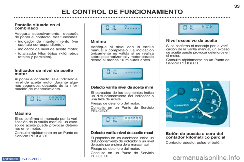 PEUGEOT BOXER 2003 Manual del propietario (in Spanish) 05-05-2003
M’nimo Verifique el nivel con la varilla
manual y complŽtelo. La indicaci—n œnicamente es v‡lida si se realizasobre piso horizontal y motor paradodesde al menos 10 minutos antes. De PEUGEOT BOXER 2003 Manual del propietario (in Spanish) 05-05-2003
M’nimo Verifique el nivel con la varilla
manual y complŽtelo. La indicaci—n œnicamente es v‡lida si se realizasobre piso horizontal y motor paradodesde al menos 10 minutos antes. De
