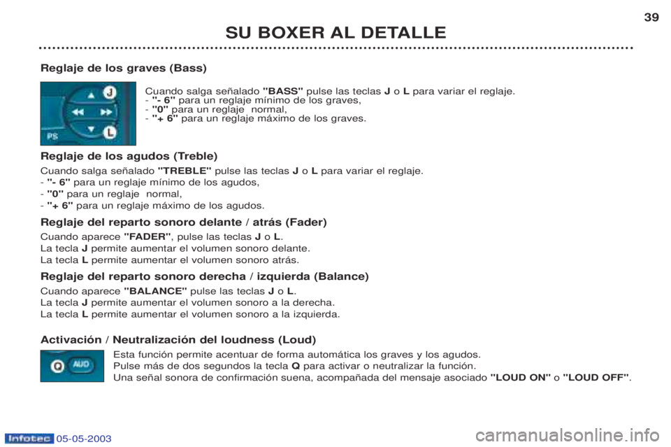 PEUGEOT BOXER 2003 Manual del propietario (in Spanish) 05-05-2003
SU BOXER AL DETALLE39
Reglaje de los graves (Bass) Cuando salga se–alado "BASS"pulse las teclas J o L para variar el reglaje.
- "- 6" para un reglaje m’nimo de los graves,
- "0" pa PEUGEOT BOXER 2003 Manual del propietario (in Spanish) 05-05-2003
SU BOXER AL DETALLE39
Reglaje de los graves (Bass) Cuando salga se–alado "BASS"pulse las teclas J o L para variar el reglaje.
- "- 6" para un reglaje m’nimo de los graves,
- "0" pa
