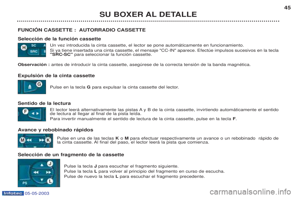 PEUGEOT BOXER 2003 Manual del propietario (in Spanish) 05-05-2003
SU BOXER AL DETALLE45
FUNCIîN CASSETTE : AUTORRADIO CASSETTE Selecci—n de la funci—n cassette Un vez introducida la cinta cassette, el lector se pone autom‡ticamente en funcionamien PEUGEOT BOXER 2003 Manual del propietario (in Spanish) 05-05-2003
SU BOXER AL DETALLE45
FUNCIîN CASSETTE : AUTORRADIO CASSETTE Selecci—n de la funci—n cassette Un vez introducida la cinta cassette, el lector se pone autom‡ticamente en funcionamien