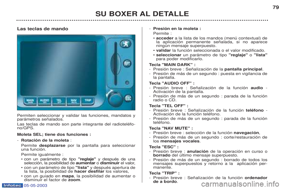PEUGEOT BOXER 2003 Manual del propietario (in Spanish) 05-05-2003
SU BOXER AL DETALLE79
Las teclas de mando Permiten seleccionar y validar las funciones, mandatos y par‡metros se–alados. Las teclas de mando son parte integrante del radiotelŽfo- no/G PEUGEOT BOXER 2003 Manual del propietario (in Spanish) 05-05-2003
SU BOXER AL DETALLE79
Las teclas de mando Permiten seleccionar y validar las funciones, mandatos y par‡metros se–alados. Las teclas de mando son parte integrante del radiotelŽfo- no/G
