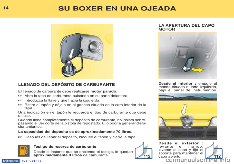 PEUGEOT BOXER 2003 Manual del propietario (in Spanish) LA APERTURA DEL CAPî
MOTOR Desde el interior : empuje el
mando situado al lado izquierdo, bajo el panel de instrumentos. Desde el exterior : levante el mando,levante el cap— y fije elsoporte para PEUGEOT BOXER 2003 Manual del propietario (in Spanish) LA APERTURA DEL CAPî
MOTOR Desde el interior : empuje el
mando situado al lado izquierdo, bajo el panel de instrumentos. Desde el exterior : levante el mando,levante el cap— y fije elsoporte para