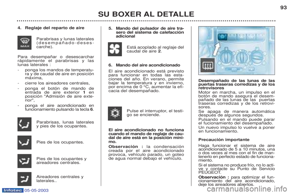 PEUGEOT BOXER 2003 Manual del propietario (in Spanish) 05-05-2003
SU BOXER AL DETALLE93
4. Reglaje del reparto de aire
Parabrisas y lunas laterales (desempa–ado-deses-carche).
Para desempa–ar o desescarcharr‡pidamente el parabrisas y laslunas latera PEUGEOT BOXER 2003 Manual del propietario (in Spanish) 05-05-2003
SU BOXER AL DETALLE93
4. Reglaje del reparto de aire
Parabrisas y lunas laterales (desempa–ado-deses-carche).
Para desempa–ar o desescarcharr‡pidamente el parabrisas y laslunas latera