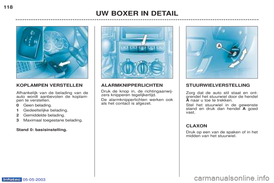 PEUGEOT BOXER 2003  Kezelési útmutató (in Hungarian) 05-05-2003
UW BOXER IN DETAIL
118
KOPLAMPEN VERSTELLEN Afhankelijk van de belading van de auto wordt aanbevolen de koplam-pen te verstellen. 0 
Geen belading.
1 Gedeeltelijke belading.
2 Gemiddelde be