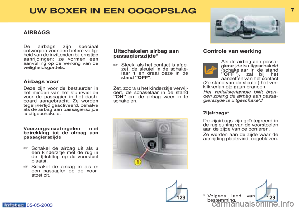 PEUGEOT BOXER 2003 Kezelési útmutató (in Hungarian) Controle van werkingAls de airbag aan passa- gierszijde is uitgeschakeld(schakelaar in de stand"OFF"), zal bij het
aanzetten van het contact
(2e stand van de sleutel) het ver-klikkerlampje gaan brande PEUGEOT BOXER 2003 Kezelési útmutató (in Hungarian) Controle van werkingAls de airbag aan passa- gierszijde is uitgeschakeld(schakelaar in de stand"OFF"), zal bij het
aanzetten van het contact
(2e stand van de sleutel) het ver-klikkerlampje gaan brande