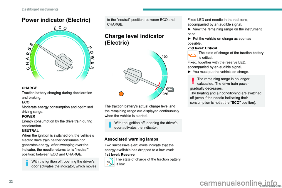 PEUGEOT EXPERT 2023  Owners Manual 22
Dashboard instruments
Power indicator (Electric) 
 
CHARGE
Traction battery charging during deceleration 
and braking.
ECO
Moderate energy consumption and optimised 
driving range.
POWER
Energy con