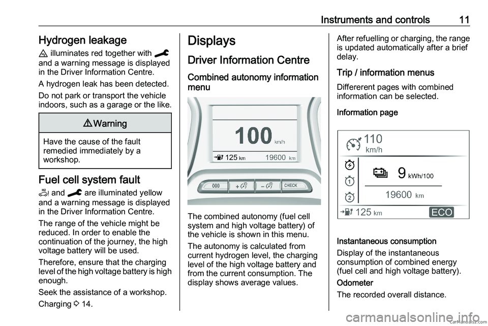 PEUGEOT EXPERT 2023  Owners Manual Instruments and controls 11
Hydrogen leakage
u illuminates red together with  C
and a warning message is displayed
in the Driver Information Centre.
A hydrogen leak has been detected.
Do not park or t