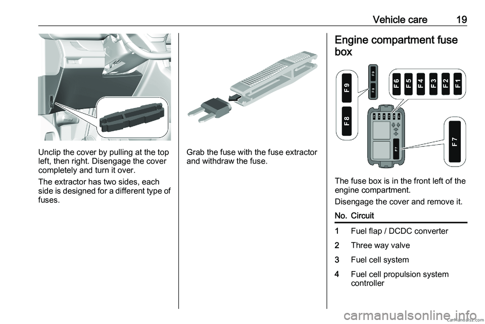 PEUGEOT EXPERT 2023  Owners Manual Vehicle care 19
Unclip the cover by pulling at the top
left, then right. Disengage the cover
completely and turn it over.
The extractor has two sides, each
side 
is designed for a different type of
fu