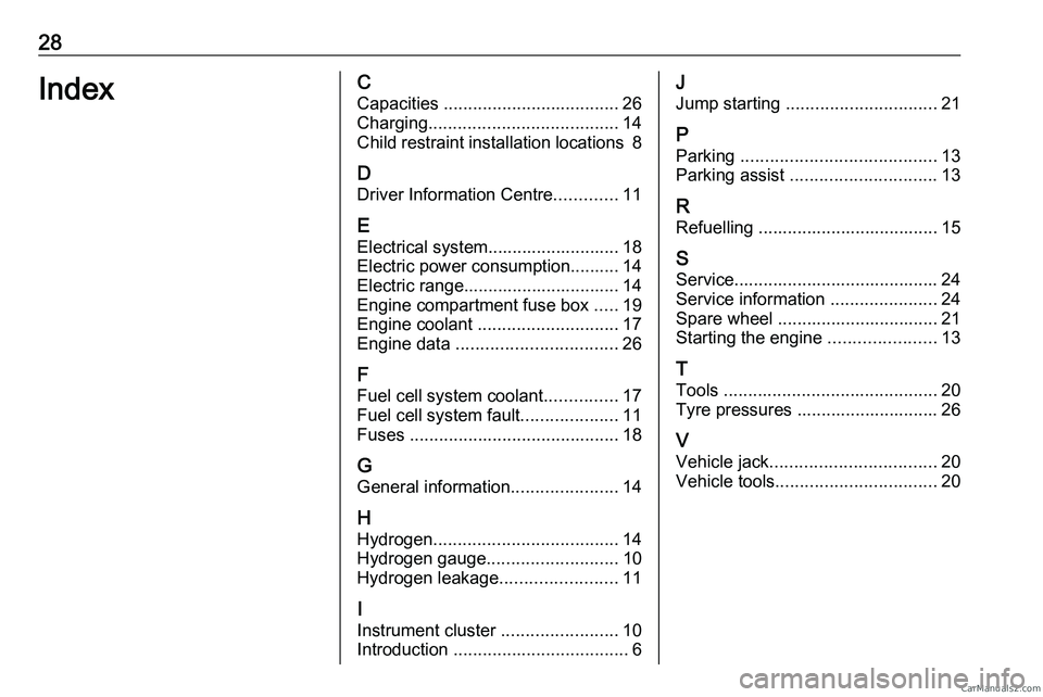 PEUGEOT EXPERT 2023  Owners Manual 28
Index C
Capacities  .................................... 26
Charging ....................................... 14
Child 
restraint installation locations  8
D Driver Information Centre .............1