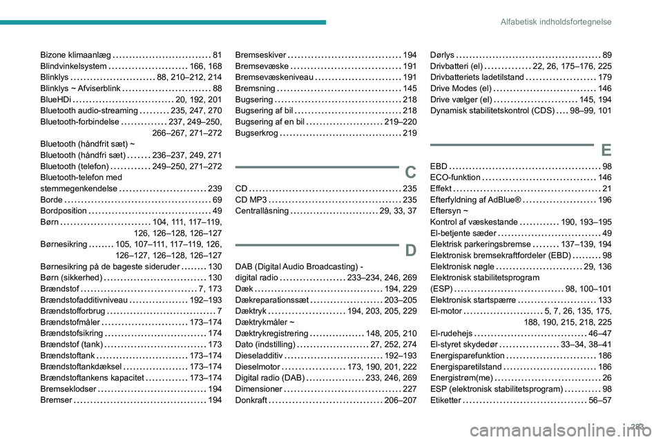 PEUGEOT EXPERT 2023  Brugsanvisning (in Danish) 283
Alfabetisk indholdsfortegnelse
Bizone klimaanlæg     81
Blindvinkelsystem     
166, 168
Blinklys
    
88, 210–212, 214
Blinklys  ~ Afviserblink
    
88
BlueHDi
    
20, 192, 201
Bluetooth audio