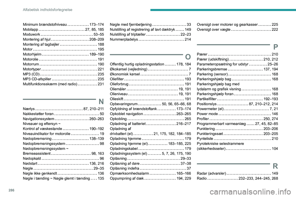 PEUGEOT EXPERT 2023  Brugsanvisning (in Danish) 286
Alfabetisk indholdsfortegnelse
Minimum brændstofniveau     173–174
Mobilapp     
27, 85, 185
Moduwork
    
53–55
Montering af hjul
    
208–209
Montering af tagbøjler
    
188
Motor
    
1