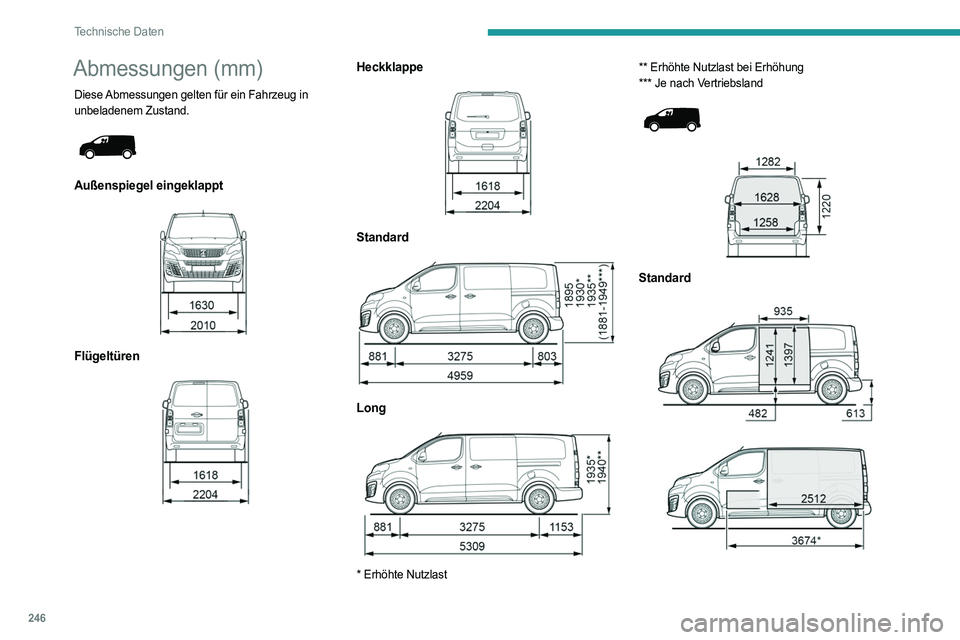 PEUGEOT EXPERT 2023  Betriebsanleitungen (in German) 246
Technische Daten
Abmessungen (mm)
Diese Abmessungen gelten für ein Fahrzeug in 
unbeladenem Zustand.
 
 
Außenspiegel eingeklappt 
 
Flügeltüren 
 
Heckklappe 
 
Standard  
 
Long 
 
* Erhöht