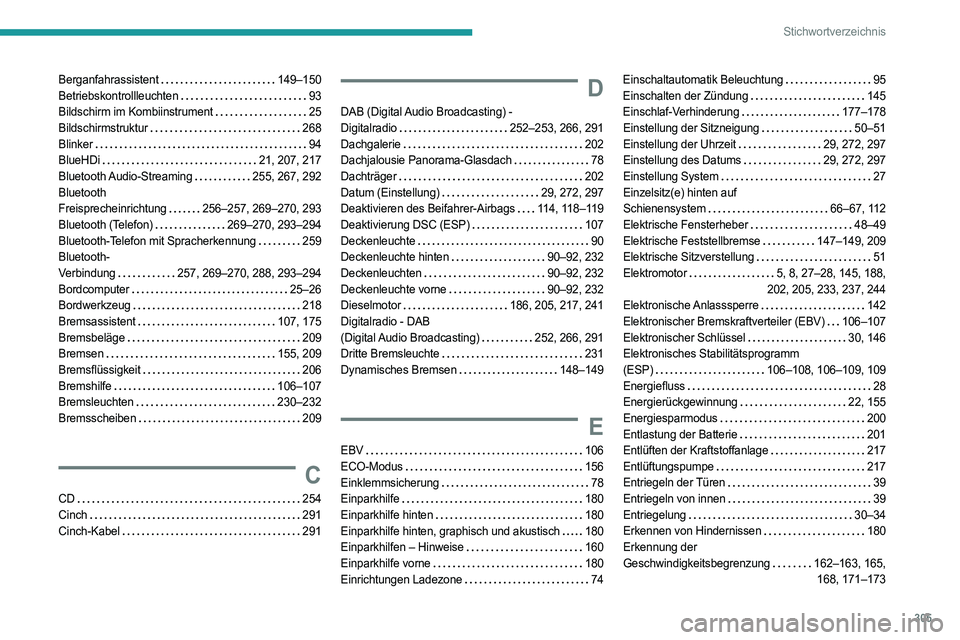 PEUGEOT EXPERT 2023 Betriebsanleitungen (in German) 305
Stichwortverzeichnis
Berganfahrassistent 149–150
Betriebskontrollleuchten
93
Bildschirm im Kombiinstrument
25
Bildschirmstruktur
268
Blinker
94
BlueHDi
21, 207, 217
B PEUGEOT EXPERT 2023 Betriebsanleitungen (in German) 305
Stichwortverzeichnis
Berganfahrassistent 149–150
Betriebskontrollleuchten
93
Bildschirm im Kombiinstrument
25
Bildschirmstruktur
268
Blinker
94
BlueHDi
21, 207, 217
B
