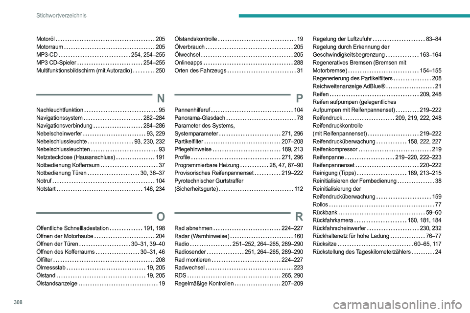 PEUGEOT EXPERT 2023 Betriebsanleitungen (in German) 308
Stichwortverzeichnis
Motoröl 205
Motorraum
205
MP3-CD
254, 254–255
MP3 CD-Spieler
254–255
Multifunktionsbildschirm (mit Autoradio)
250
N
Nachleuchtfunktion 95
Nav PEUGEOT EXPERT 2023 Betriebsanleitungen (in German) 308
Stichwortverzeichnis
Motoröl 205
Motorraum
205
MP3-CD
254, 254–255
MP3 CD-Spieler
254–255
Multifunktionsbildschirm (mit Autoradio)
250
N
Nachleuchtfunktion 95
Nav