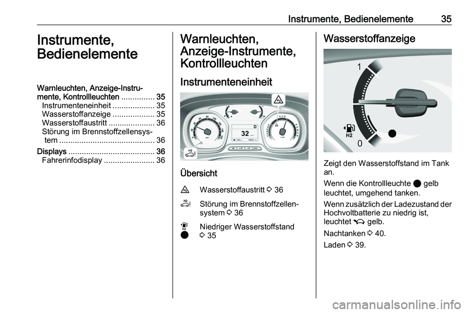 PEUGEOT EXPERT 2023  Betriebsanleitungen (in German) Instrumente, Bedienelemente 35
Instrumente,
Bedienelemente
Warnleuchten, Anzeige-Instru‐
mente, Kontrollleuchten ...............35
Instrumenteneinheit ...................35
Wasserstoffanzeige ......