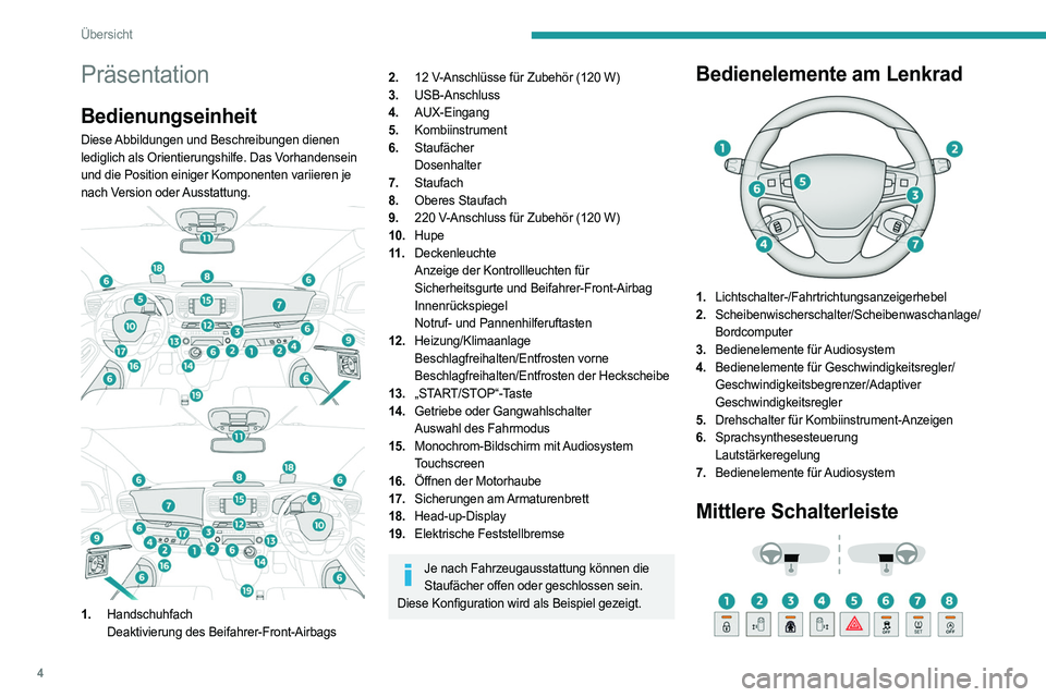 PEUGEOT EXPERT 2023  Betriebsanleitungen (in German) 4
Übersicht
Präsentation
Bedienungseinheit
Diese Abbildungen und Beschreibungen dienen 
lediglich als Orientierungshilfe. Das Vorhandensein 
und die Position einiger Komponenten variieren je 
nach V