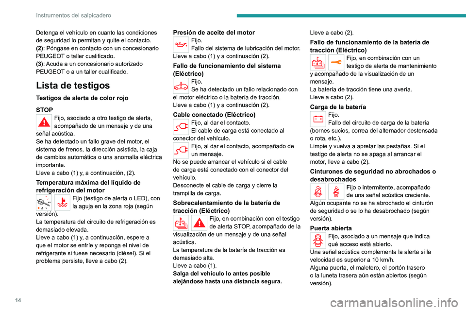 PEUGEOT EXPERT 2023 Manual del propietario (in Spanish) 14
Instrumentos del salpicadero
Detenga el vehículo en cuanto las condiciones
de seguridad lo permitan y quite el contacto.
(2): Póngase en contacto con un concesionario
PEUGEOT o taller cualifica PEUGEOT EXPERT 2023 Manual del propietario (in Spanish) 14
Instrumentos del salpicadero
Detenga el vehículo en cuanto las condiciones
de seguridad lo permitan y quite el contacto.
(2): Póngase en contacto con un concesionario
PEUGEOT o taller cualifica