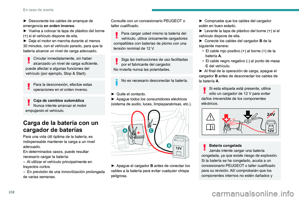 PEUGEOT EXPERT 2023  Manual del propietario (in Spanish) 238
En caso de avería
► Desconecte los cables de arranque de 
emergencia  en orden inverso
.
►
 
V
 uelva a colocar la tapa de plástico del borne 
(+) si el vehículo dispone de ella.
►
 
Deje