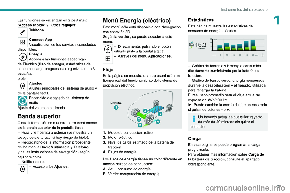 PEUGEOT EXPERT 2023  Manual del propietario (in Spanish) 29
Instrumentos del salpicadero
1Las funciones se organizan en 2 pestañas: 
"Acceso rápido" y "Otros reglajes".
Teléfono 
Connect-App
Visualización de los servicios conectados 
dis