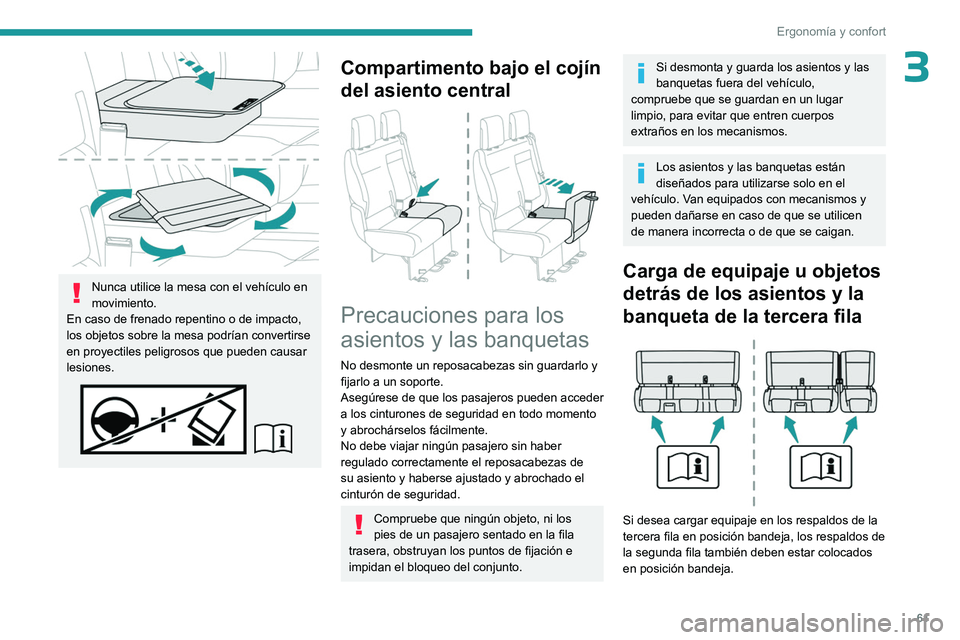 PEUGEOT EXPERT 2023 Manual del propietario (in Spanish) 61
Ergonomía y confort
3
Nunca utilice la mesa con el vehículo en
movimiento.
En caso de frenado repentino o de impacto,
los objetos sobre la mesa podrían convertirse
en proyectiles peligrosos PEUGEOT EXPERT 2023 Manual del propietario (in Spanish) 61
Ergonomía y confort
3
Nunca utilice la mesa con el vehículo en
movimiento.
En caso de frenado repentino o de impacto,
los objetos sobre la mesa podrían convertirse
en proyectiles peligrosos