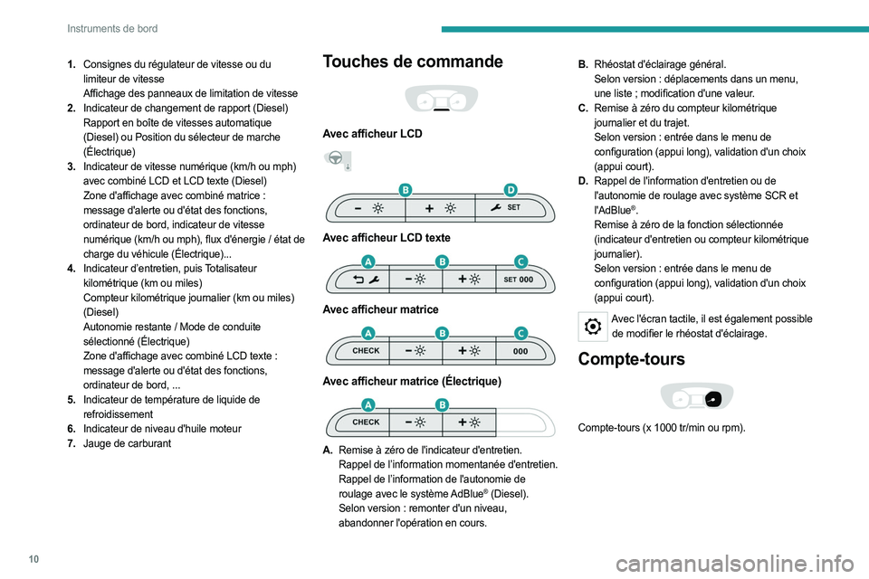 PEUGEOT EXPERT 2023  Manuel du propriétaire (in French) 10
Instruments de bord
1.Consignes du régulateur de vitesse ou du 
limiteur de vitesse
Affichage des panneaux de limitation de vitesse
2. Indicateur de changement de rapport (Diesel)
Rapport en boît