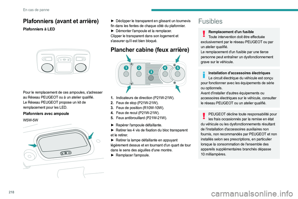 PEUGEOT EXPERT 2023  Manuel du propriétaire (in French) 218
En cas de panne
Plafonniers (avant et arrière)
Plafonniers à LED 
 
Pour le remplacement de ces ampoules, s'adresser 
au Réseau PEUGEOT ou à un atelier qualifié.
Le Réseau PEUGEOT propos