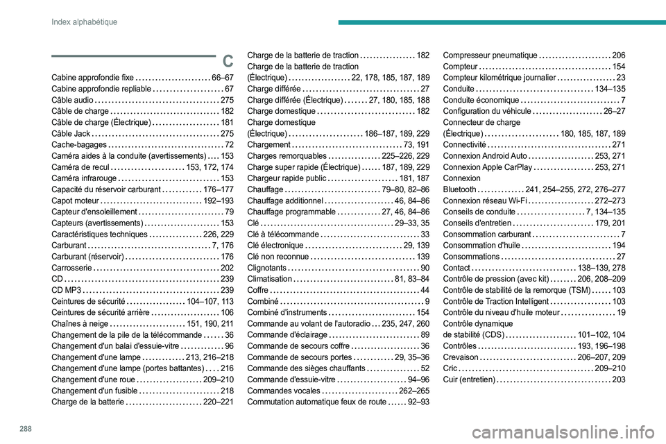 PEUGEOT EXPERT 2023  Manuel du propriétaire (in French) 288
Index alphabétique
C
Cabine approfondie fixe    66–67
Cabine approfondie repliable    
67
Câble audio
    
275
Câble de charge
    
182
Câble de charge (Électrique)
   
181
Câble Jack
    