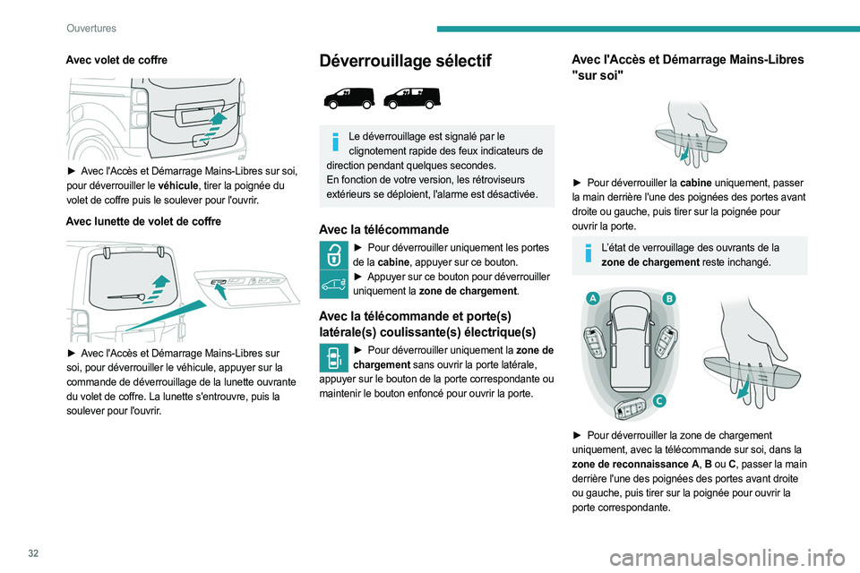PEUGEOT EXPERT 2023  Manuel du propriétaire (in French) 32
Ouvertures
Avec volet de coffre
 
 
► Avec l'Accès et Démarrage Mains-Libres sur soi, 
pour déverrouiller le véhicule, tirer la poignée du 
volet de coffre puis le soulever pour l'ou
