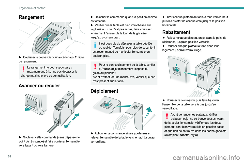 PEUGEOT EXPERT 2023  Manuel du propriétaire (in French) 76
Ergonomie et confort
Rangement 
 
► Coulisser le couvercle pour accéder aux 11   litres 
de rangement.
Le rangement ne peut supporter au  maximum que 3   kg, ne pas dépasser la 
charge maximale