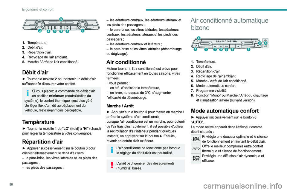PEUGEOT EXPERT 2023  Manuel du propriétaire (in French) 80
Ergonomie et confort
 
1.Température.
2. Débit d'air.
3. Répartition d'air.
4. Recyclage de l'air ambiant.
5. Marche
  / Arrêt de l'air conditionné.
Débit d'air
► Tourne