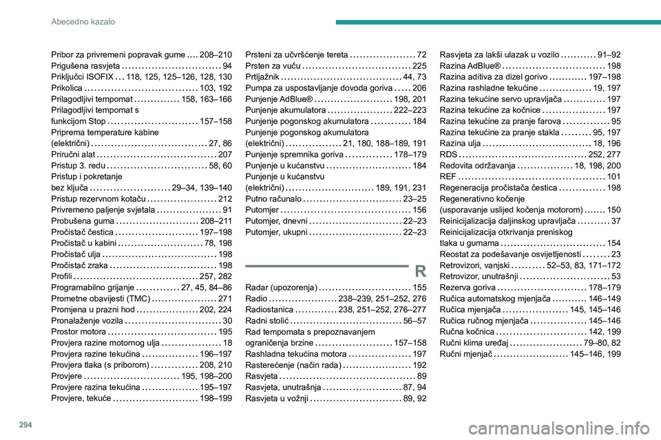 PEUGEOT EXPERT 2023  Upute Za Rukovanje (in Croatian) 294
Abecedno kazalo
Pribor za privremeni popravak gume     208–210
Prigušena rasvjeta     
94
Priključci ISOFIX
   
118, 125, 125–126, 128, 130
Prikolica
    
103, 192
Prilagodljivi tempomat
   