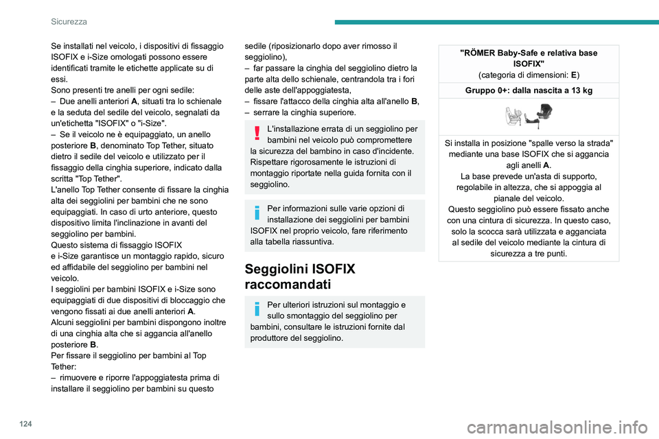 PEUGEOT EXPERT 2023  Manuale duso (in Italian) 124
Sicurezza
Se installati nel veicolo, i dispositivi di fissaggio 
ISOFIX e i-Size omologati possono essere 
identificati tramite le etichette applicate su di 
essi.
Sono presenti tre anelli per ogn