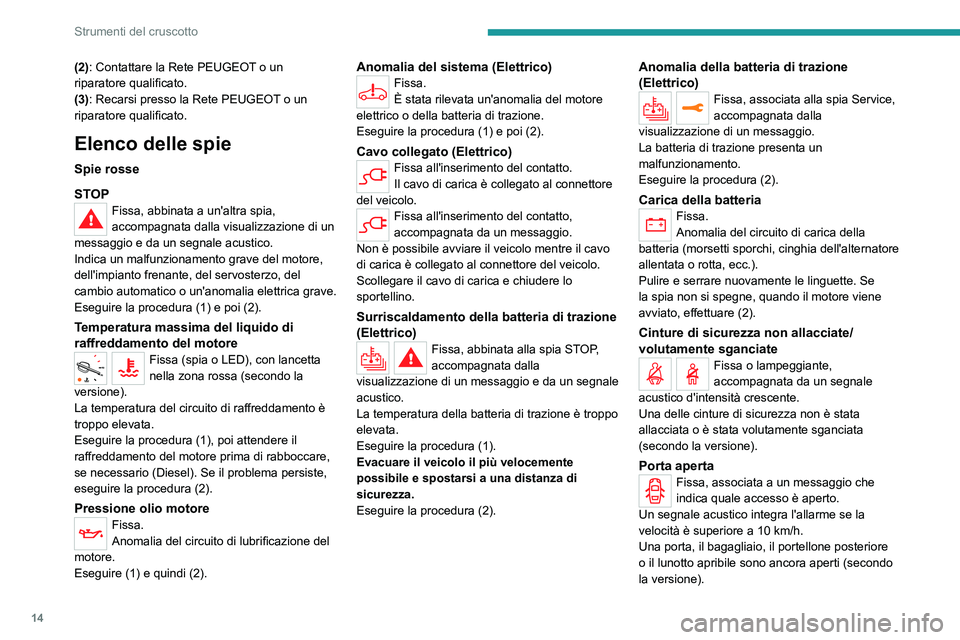 PEUGEOT EXPERT 2023  Manuale duso (in Italian) 14
Strumenti del cruscotto
(2): Contattare la Rete PEUGEOT o un 
riparatore qualificato.
(3): Recarsi presso la Rete PEUGEOT o un 
riparatore qualificato.
Elenco delle spie
Spie rosse
STOP
Fissa, abbi
