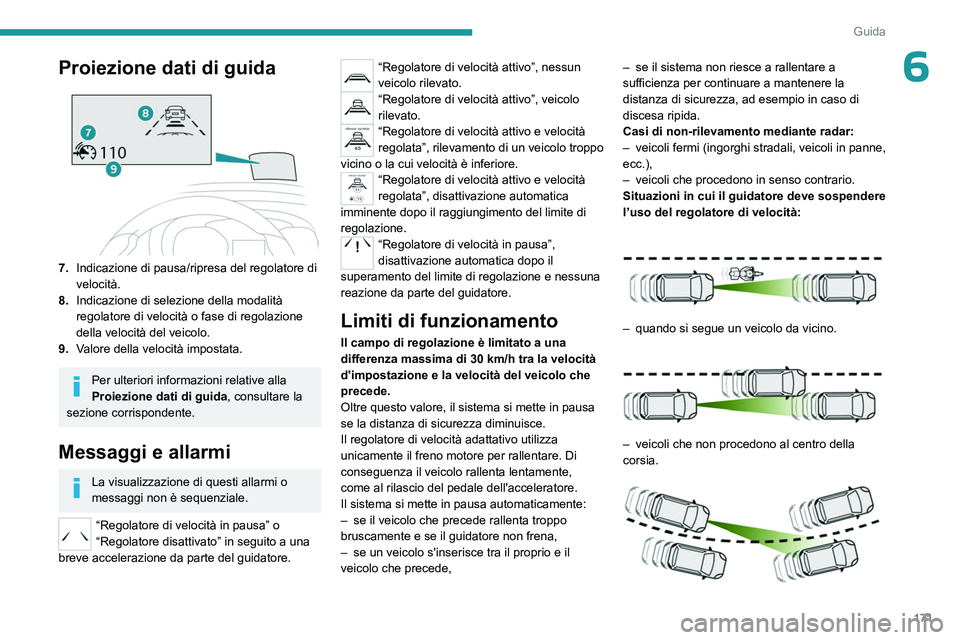 PEUGEOT EXPERT 2023  Manuale duso (in Italian) 171
Guida
6Proiezione dati di guida
7.Indicazione di pausa/ripresa del regolatore di 
velocità.
8. Indicazione di selezione della modalità 
regolatore di velocità o fase di regolazione 
della veloc