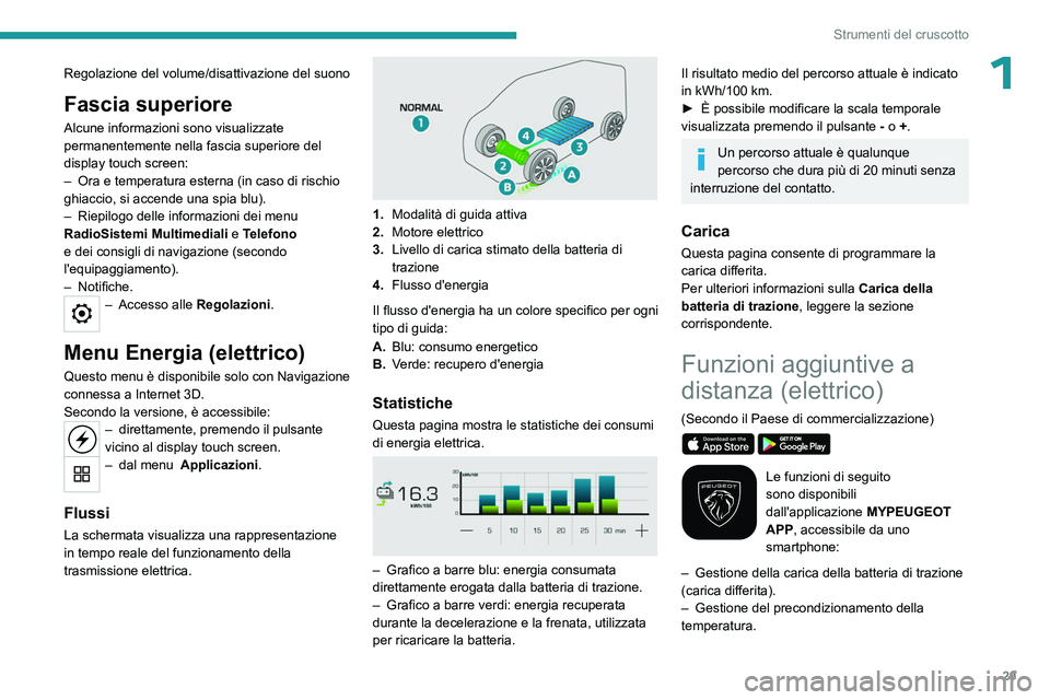 PEUGEOT EXPERT 2023  Manuale duso (in Italian) 29
Strumenti del cruscotto
1Regolazione del volume/disattivazione del suono
Fascia superiore
Alcune informazioni sono visualizzate 
permanentemente nella fascia superiore del 
display touch screen:
