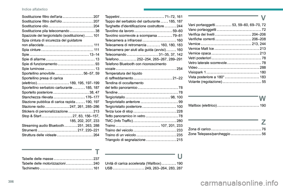 PEUGEOT EXPERT 2023  Manuale duso (in Italian) 306
Indice alfabetico
Sostituzione filtro dell'aria     207
Sostituzione filtro dell'olio     
207
Sostituzione olio
    
204
Sostituzione pila telecomando
    
38
Spazzole del tergicristallo 