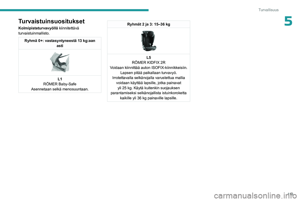 PEUGEOT EXPERT 2023  Omistajan Käsikirja (in Finnish) 11 3
Turvallisuus
5Turvaistuinsuositukset
Kolmipisteturvavyöllä kiinnitettävä 
turvaistuinmallisto.
Ryhmä 0+: vastasyntyneestä 13 kg:aan asti
 
 
L1
RÖMER Baby-Safe
Asennetaan selkä menosuunta