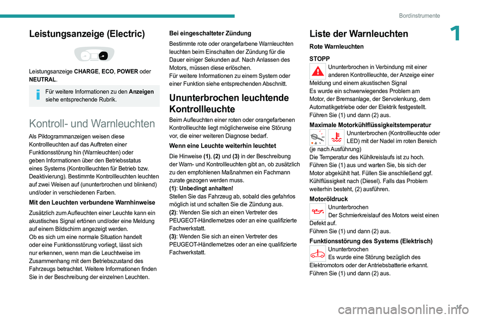 PEUGEOT EXPERT 2022 Betriebsanleitungen (in German) 11
Bordinstrumente
1Leistungsanzeige (Electric)
Leistungsanzeige CHARGE, ECO, POWER oder
NEUTRAL.
Für weitere Informationen zu den Anzeigen
siehe entsprechende Rubrik.
Kontroll- und Warnleuchte PEUGEOT EXPERT 2022 Betriebsanleitungen (in German) 11
Bordinstrumente
1Leistungsanzeige (Electric)
Leistungsanzeige CHARGE, ECO, POWER oder
NEUTRAL.
Für weitere Informationen zu den Anzeigen
siehe entsprechende Rubrik.
Kontroll- und Warnleuchte