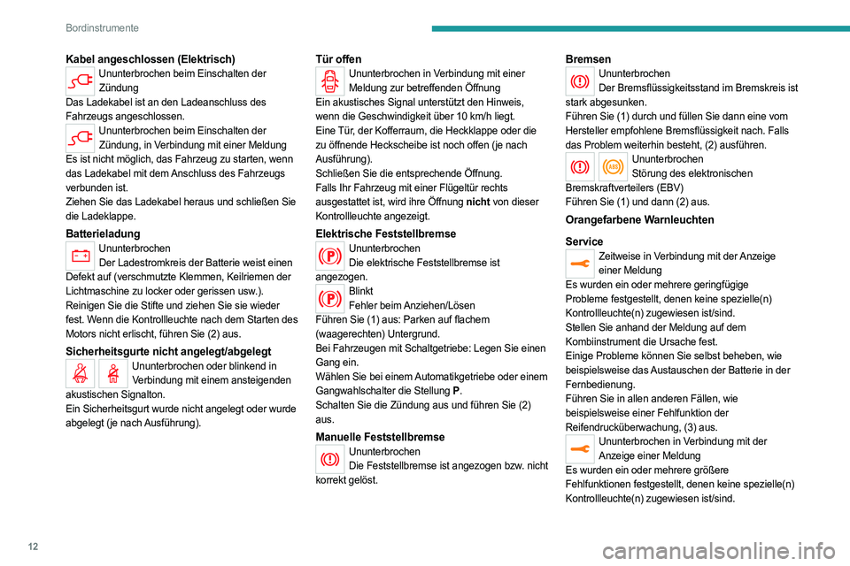 PEUGEOT EXPERT 2022 Betriebsanleitungen (in German) 12
Bordinstrumente
Kabel angeschlossen (Elektrisch)Ununterbrochen beim Einschalten der Zündung
Das Ladekabel ist an den Ladeanschluss des
Fahrzeugs angeschlossen.
Ununterbrochen beim Einschalten der PEUGEOT EXPERT 2022 Betriebsanleitungen (in German) 12
Bordinstrumente
Kabel angeschlossen (Elektrisch)Ununterbrochen beim Einschalten der Zündung
Das Ladekabel ist an den Ladeanschluss des
Fahrzeugs angeschlossen.
Ununterbrochen beim Einschalten der