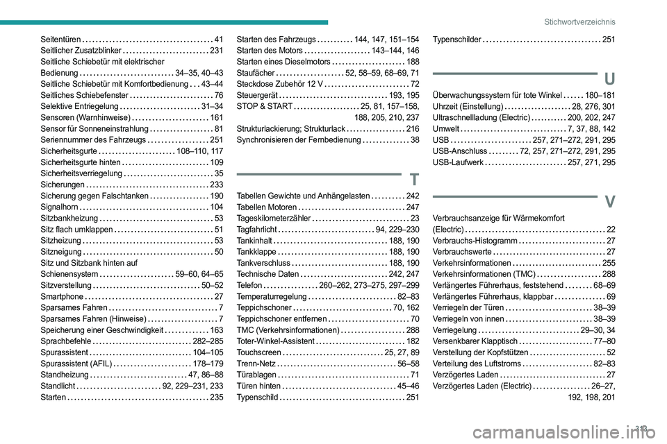 PEUGEOT EXPERT 2022  Betriebsanleitungen (in German) 313
Stichwortverzeichnis
Seitentüren     41
Seitlicher Zusatzblinker     
231
Seitliche Schiebetür mit elektrischer   
Bedienung
    
34–35, 40–43
Seitliche Schiebetür mit Komfortbedienung
   
