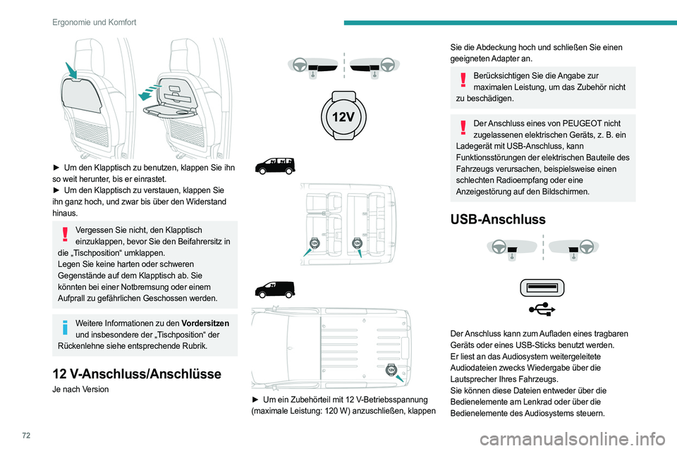 PEUGEOT EXPERT 2022 Betriebsanleitungen (in German) 72
Ergonomie und Komfort
► Um den Klapptisch zu benutzen, klappen Sie ihn
so weit herunter, bis er einrastet.
►
Um den Klapptisch zu verstauen, klappen Sie
ihn ganz hoch, und zwar bis üb PEUGEOT EXPERT 2022 Betriebsanleitungen (in German) 72
Ergonomie und Komfort
► Um den Klapptisch zu benutzen, klappen Sie ihn
so weit herunter, bis er einrastet.
►
Um den Klapptisch zu verstauen, klappen Sie
ihn ganz hoch, und zwar bis üb