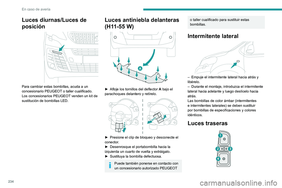 PEUGEOT EXPERT 2022  Manual del propietario (in Spanish) 234
En caso de avería
Luces diurnas/Luces de 
posición
 
 
Para cambiar estas bombillas, acuda a un 
concesionario PEUGEOT o taller cualificado.
Los concesionarios PEUGEOT venden un kit de 
sustituc
