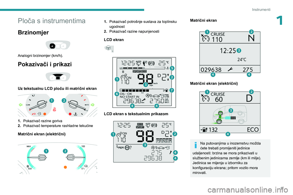 PEUGEOT EXPERT 2022  Upute Za Rukovanje (in Croatian) 9
Instrumenti
1Ploča s instrumentima
Brzinomjer 
 
Analogni brzinomjer (km/h).
Pokazivači i prikazi 
 
Uz tekstualnu LCD ploču ili matrični ekran 
 
1.Pokazivač razine goriva
2. Pokazivač temper