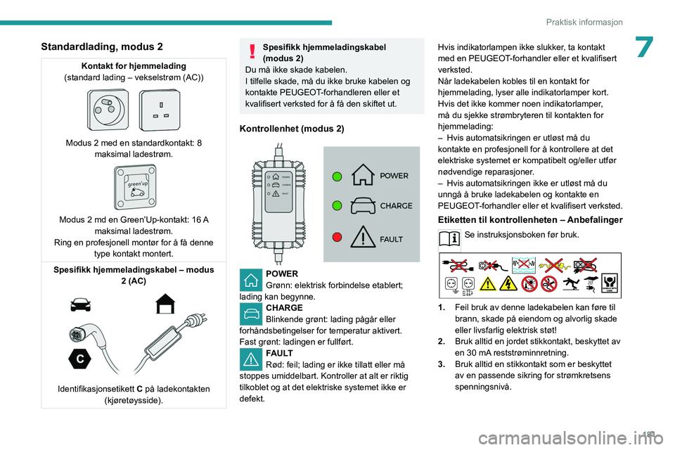 PEUGEOT EXPERT 2022  Instruksjoner for bruk (in Norwegian) 181
Praktisk informasjon
7Standardlading, modus 2
Kontakt for hjemmelading
(standard lading – vekselstrøm (AC))
 
 
Modus 2 med en standardkontakt: 8  maksimal ladestrøm.
 
 
Modus 2 md en Green