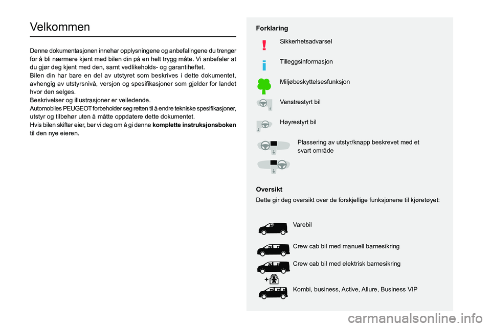 PEUGEOT EXPERT 2022  Instruksjoner for bruk (in Norwegian)   
 
 
 
 
 
  
  
  
  
   
   
 
  
 
  
 
  
 
  
Velkommen
Denne dokumentasjonen innehar opplysningene og anbefalingene du trenger 
for å bli nærmere kjent med bilen din på en helt trygg måte.