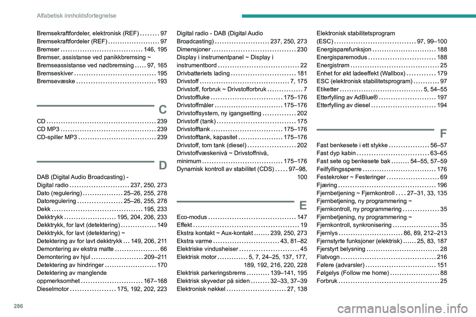 PEUGEOT EXPERT 2022  Instruksjoner for bruk (in Norwegian) 286
Alfabetisk innholdsfortegnelse
Bremsekraftfordeler, elektronisk (REF)    97
Bremsekraftfordeler (REF)    
97
Bremser
    
146, 195
Bremser, assistanse ved panikkbremsing ~ 
Bremseassistanse ved n