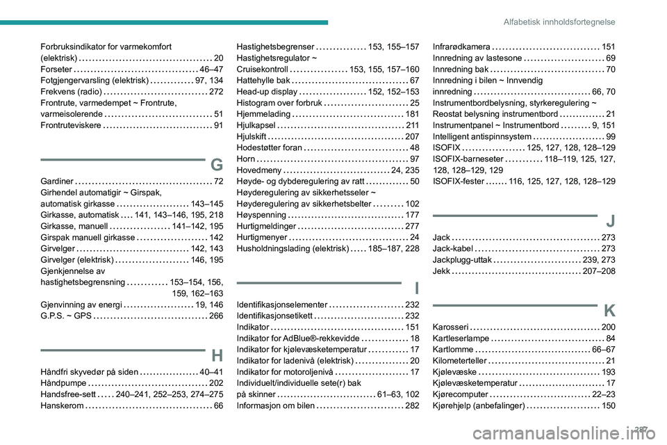 PEUGEOT EXPERT 2022  Instruksjoner for bruk (in Norwegian) 287
Alfabetisk innholdsfortegnelse
Forbruksindikator for varmekomfort  
(elektrisk)    
20
Forseter
    
46–47
Fotgjengervarsling (elektrisk)
    
97, 134
Frekvens (radio)
    
272
Frontrute, varmed